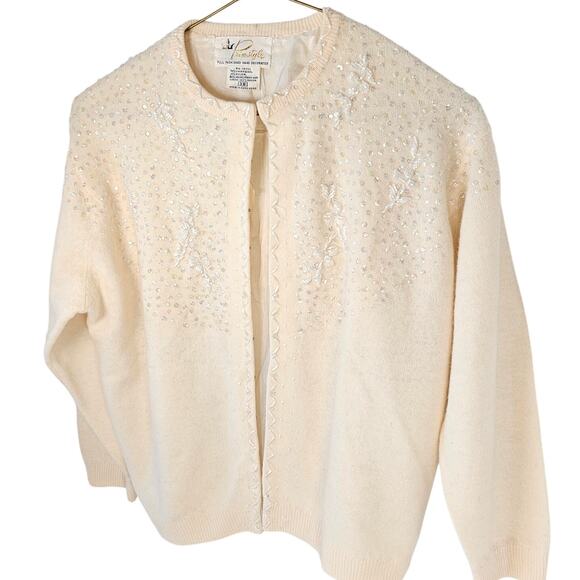 Vintage Beaded Cardigan Sweater Primstyle 38 Cream Angora Wool Sequin Hong Kong - Picture 4 of 16